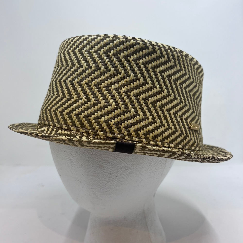 Kangol Jacq Porkpie Hat Men L Brown Cream Herringbone Paper Straw Vintage NWT